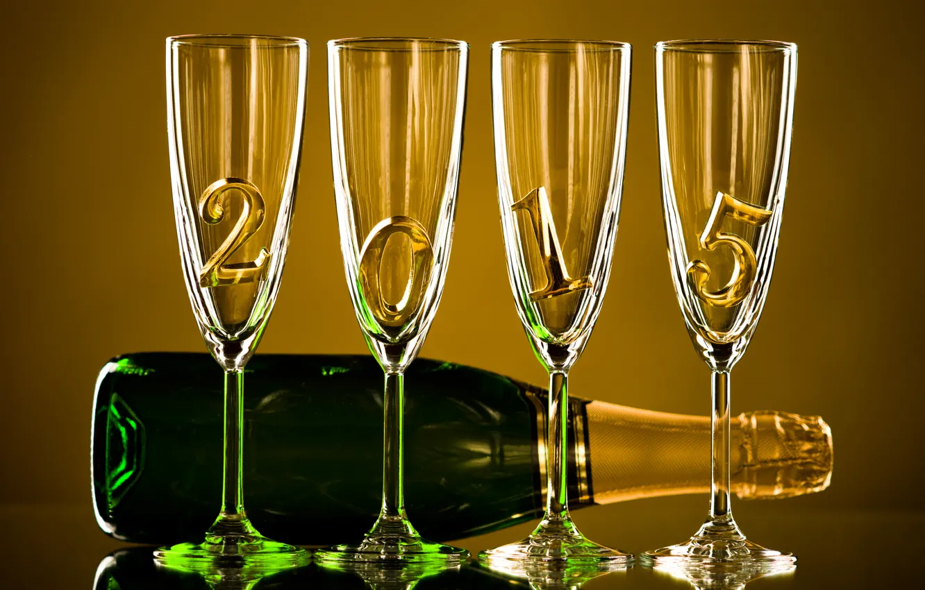 Photo wallpaper bottle, New Year, glasses, gold, champagne, New Year, Happy, champagne