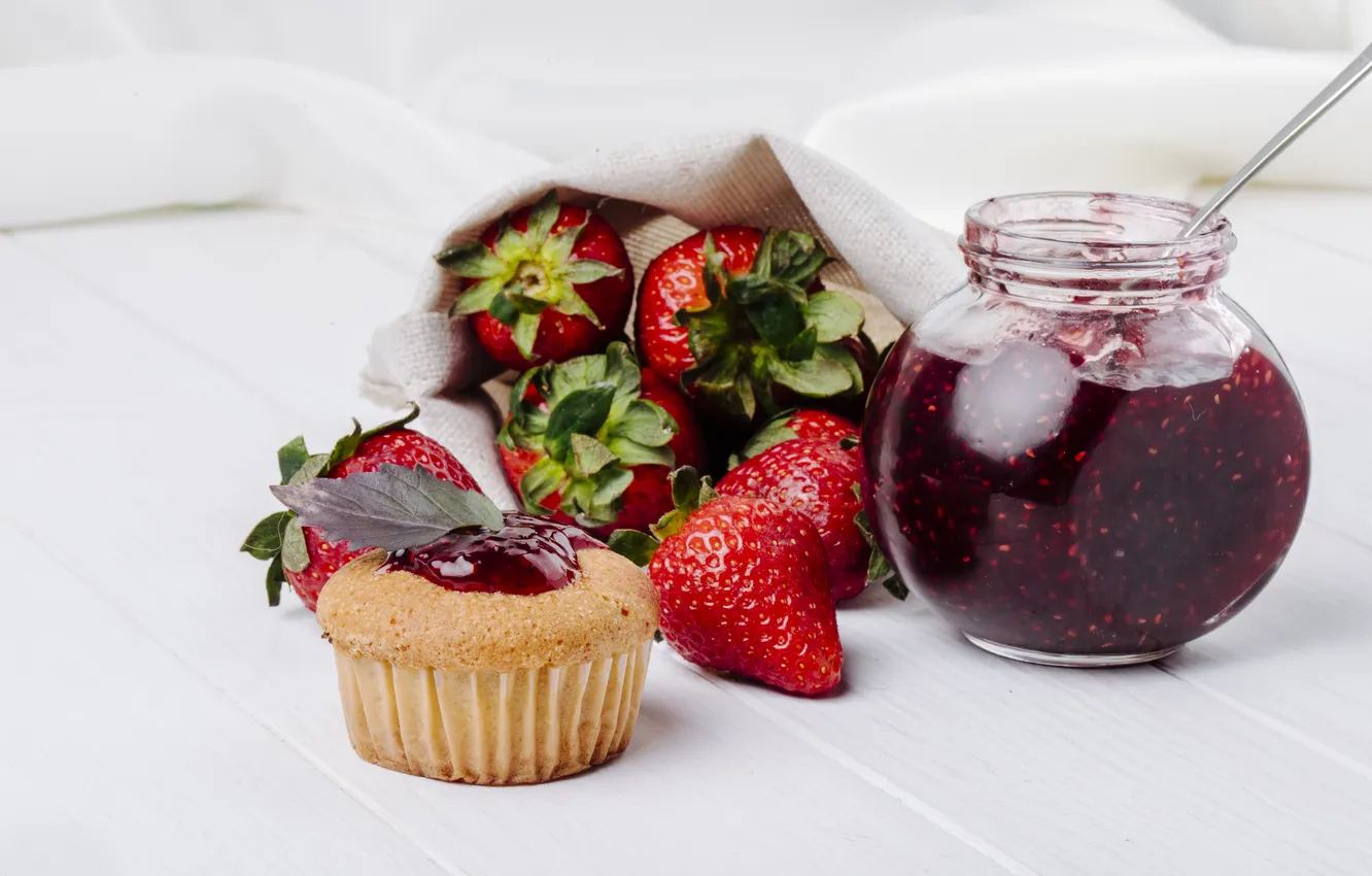 Photo wallpaper cupcakes, napkin, glass, Bank, berries, leaf, white background, Board