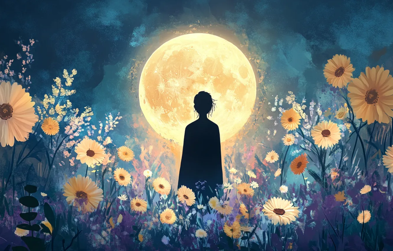 Photo wallpaper summer, girl, flowers, night, loneliness, the moon, figure, silhouette