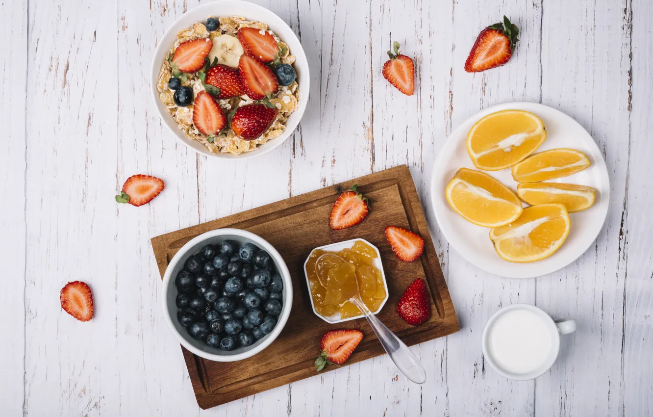 Photo wallpaper muesli, berries, yogurt, orange, Breakfast