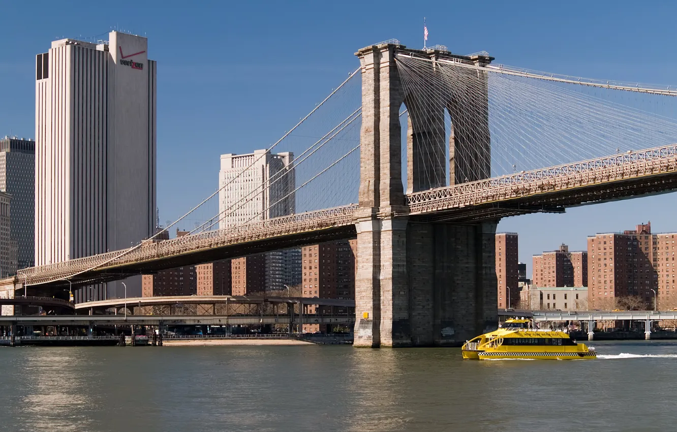 Photo wallpaper New York, sea, bridge, New York, Brooklyn Bridge, cutter