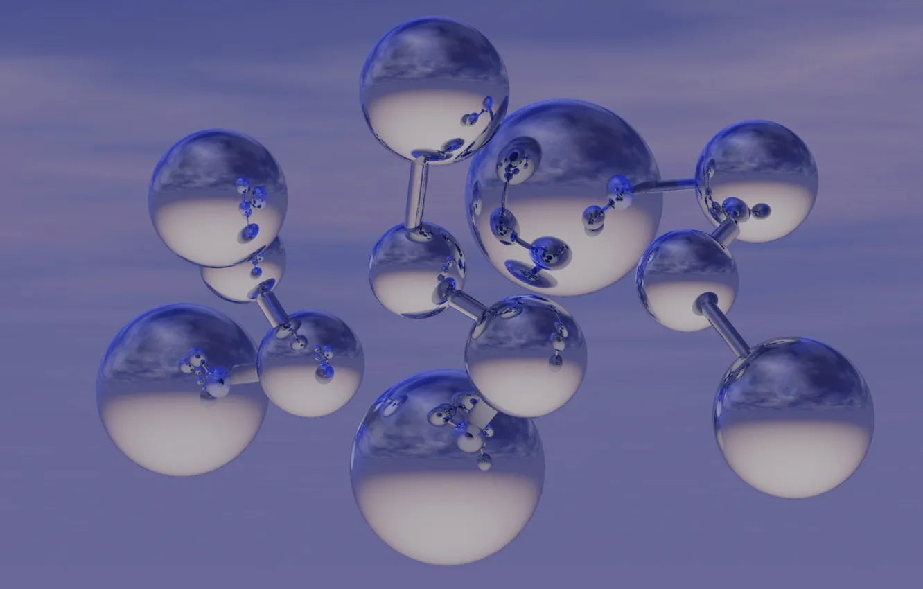Photo wallpaper the sky, reflection, rendering, balls, design, objects, mirror, molecules