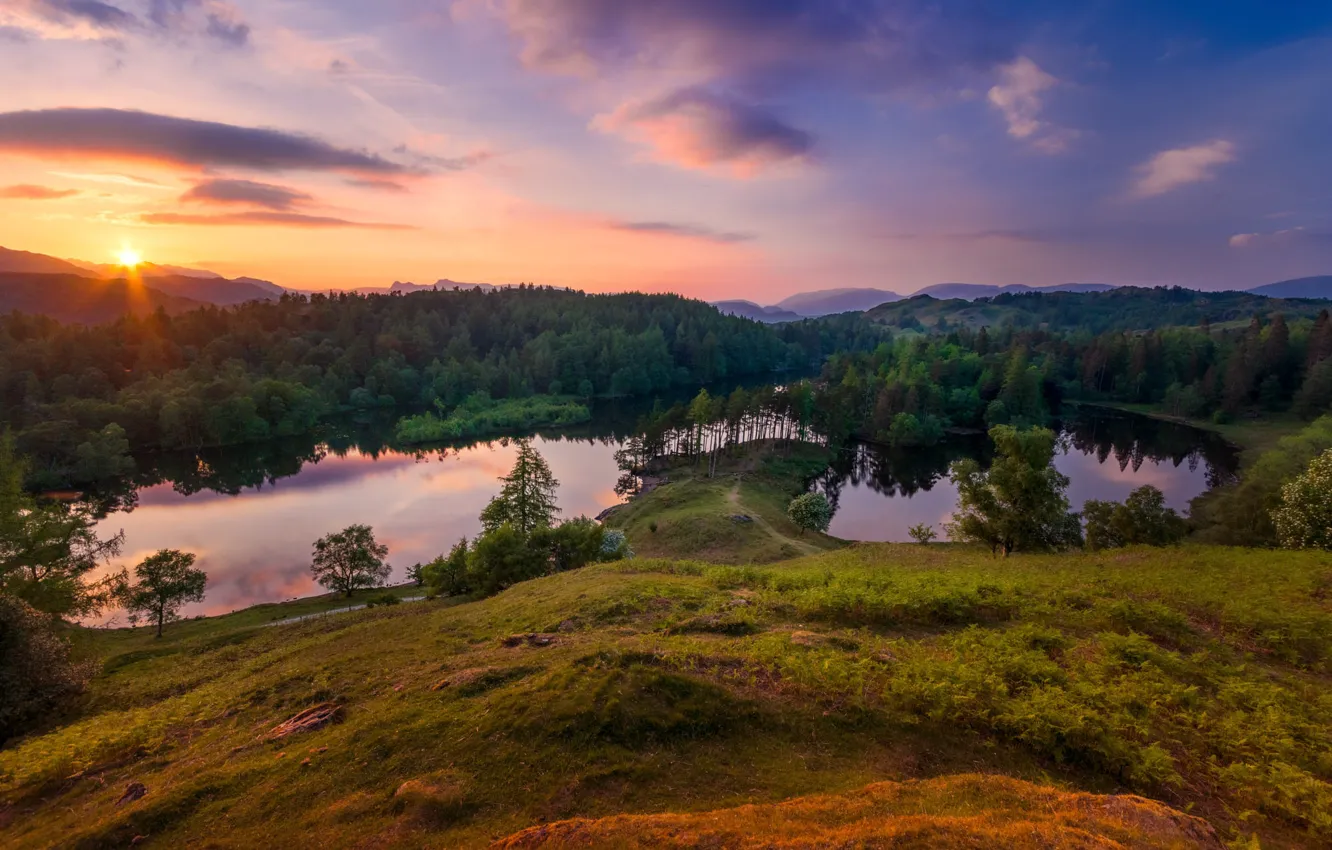 Photo wallpaper forest, the sky, sunset, lake, hills, view