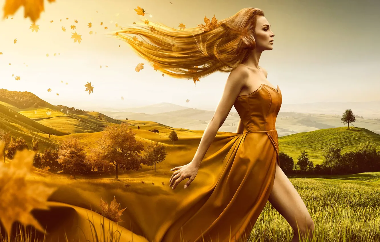 Photo wallpaper autumn, grass, leaves, nature, dress
