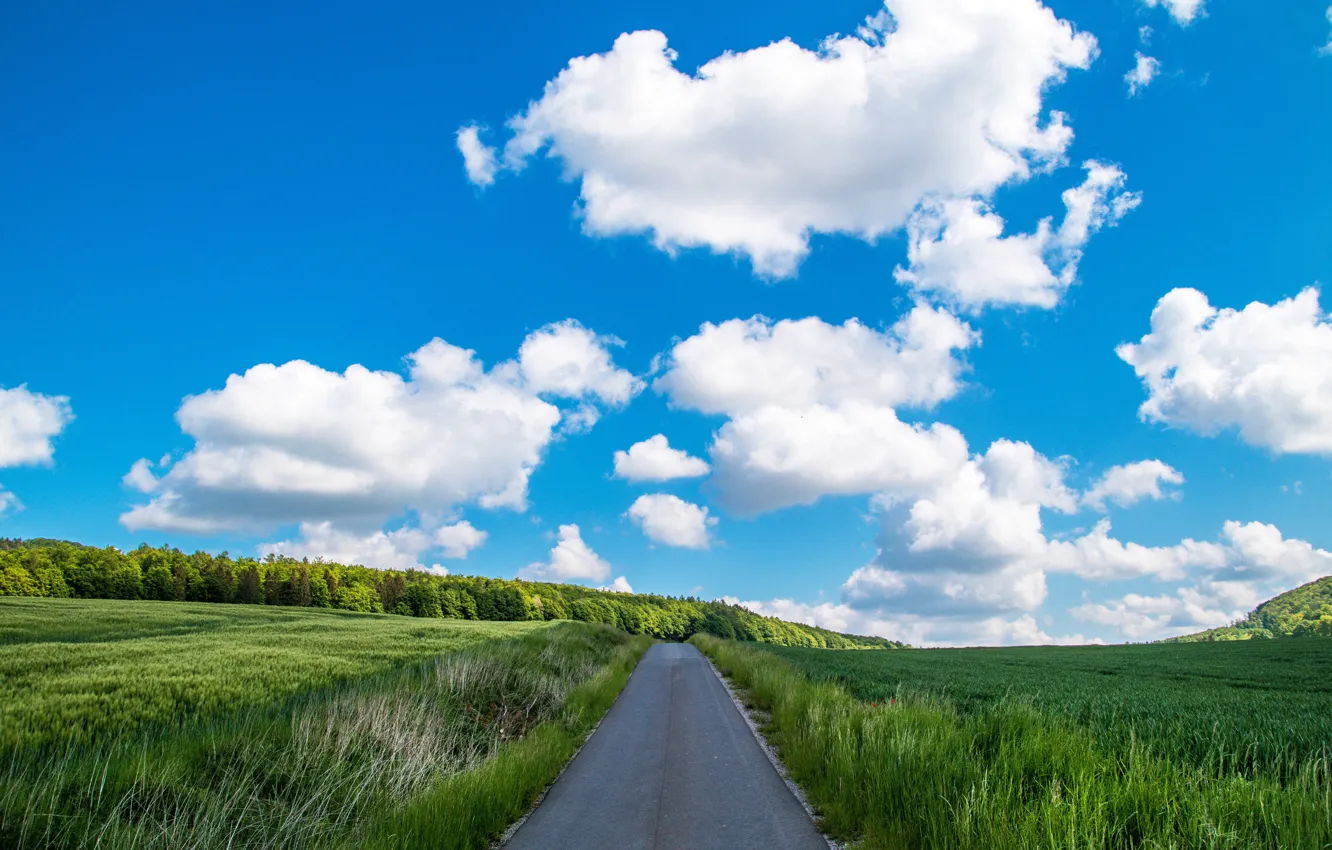 Photo wallpaper road, field, clouds