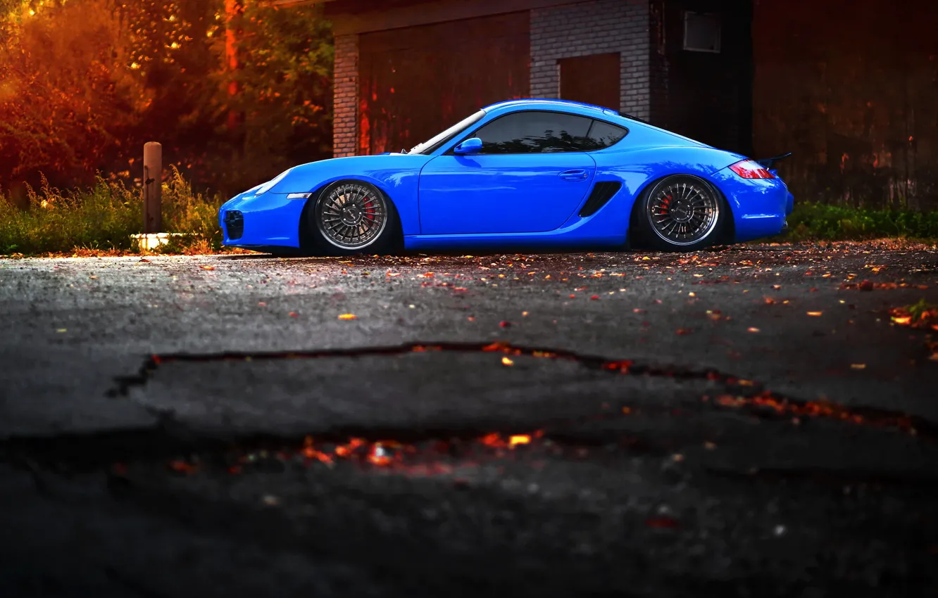 Photo wallpaper car, tuning, Porsche, blue, tuning, stance, porsche cayman