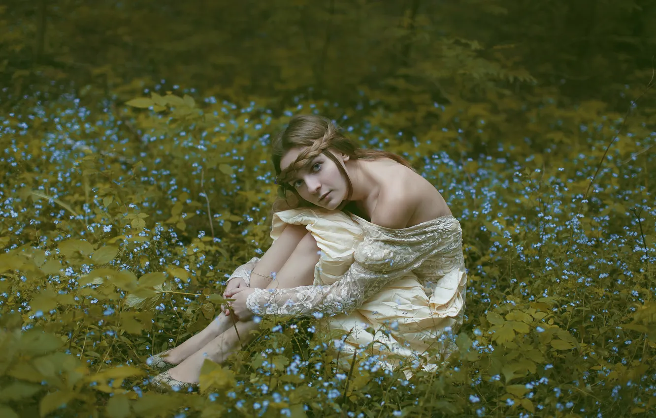 Photo wallpaper greens, summer, look, leaves, girl, flowers, nature, pose