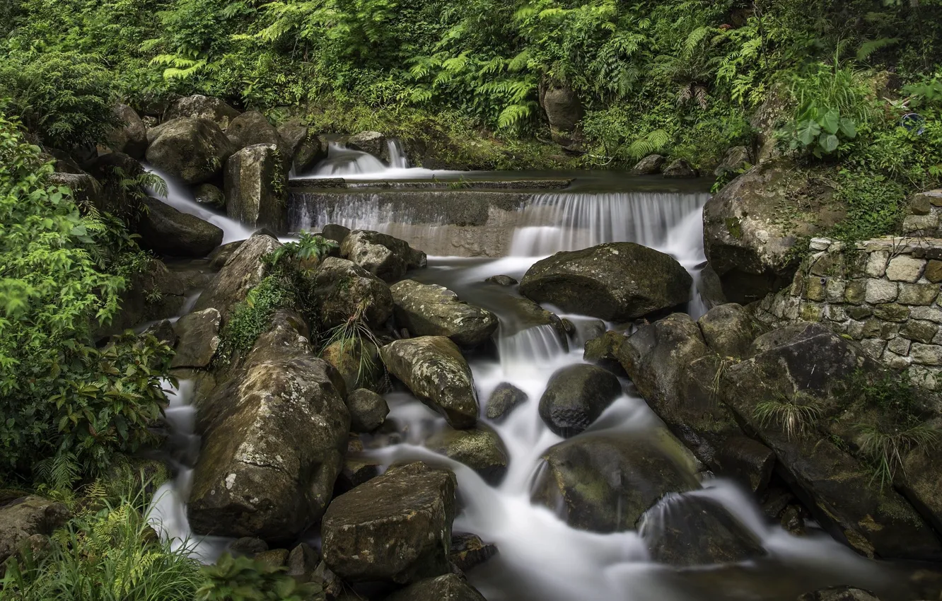 Photo wallpaper nature, stream, stones, waterfall