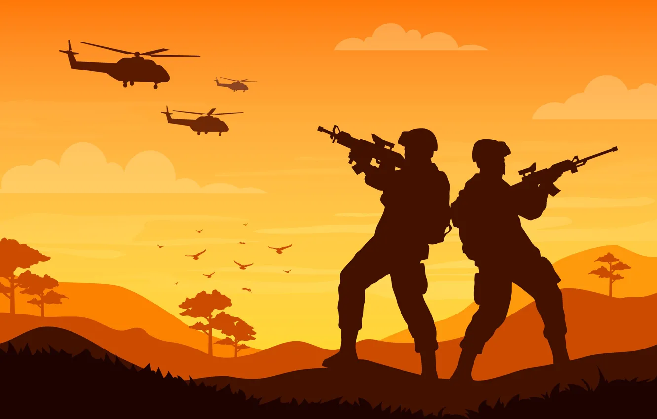 Photo wallpaper Soldiers, Silhouettes, Helicopters, Military, Vector graphics