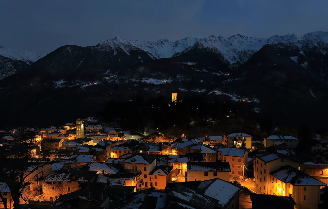 Photo wallpaper lights, Italy, night, winter, Alps, Lombardy, Teglio, Sondrio