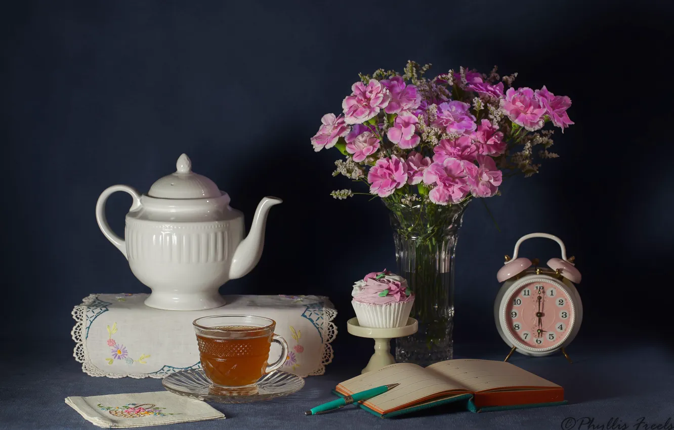 Photo wallpaper flowers, style, background, tea, kettle, alarm clock, still life, napkin