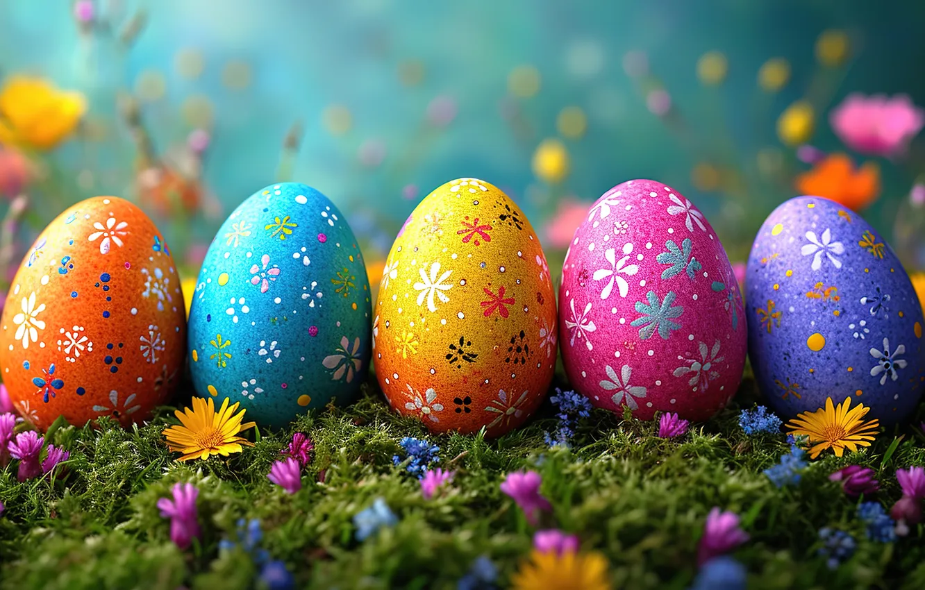 Photo wallpaper flowers, eggs, spring, colorful, Easter, flowers, spring, Easter