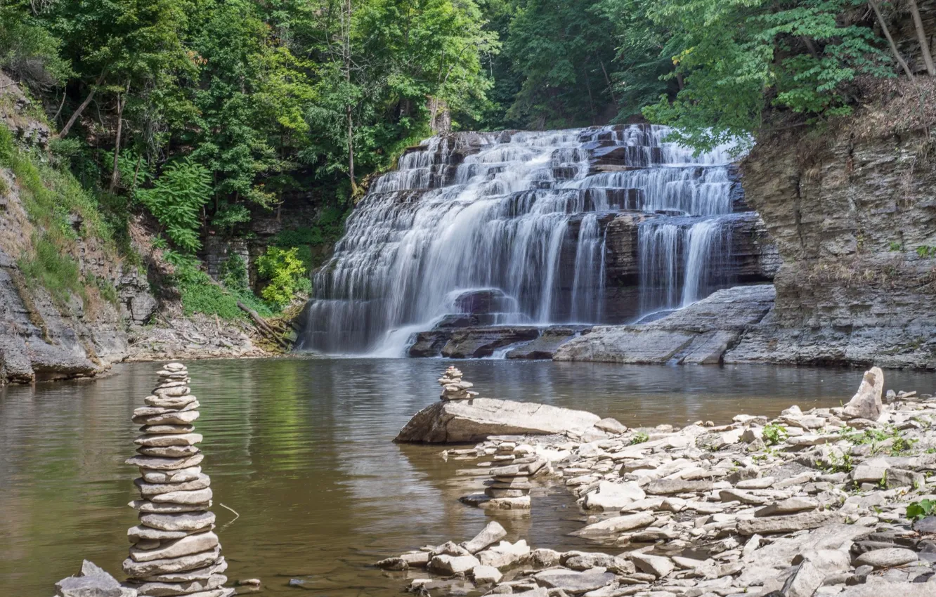 Photo wallpaper rocks, waterfall, stream