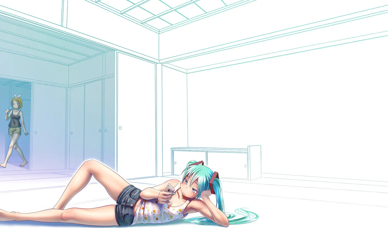 Photo wallpaper pose, shorts, Mike, hatsune miku, kagamine rin, on the floor, hyouka, wokada