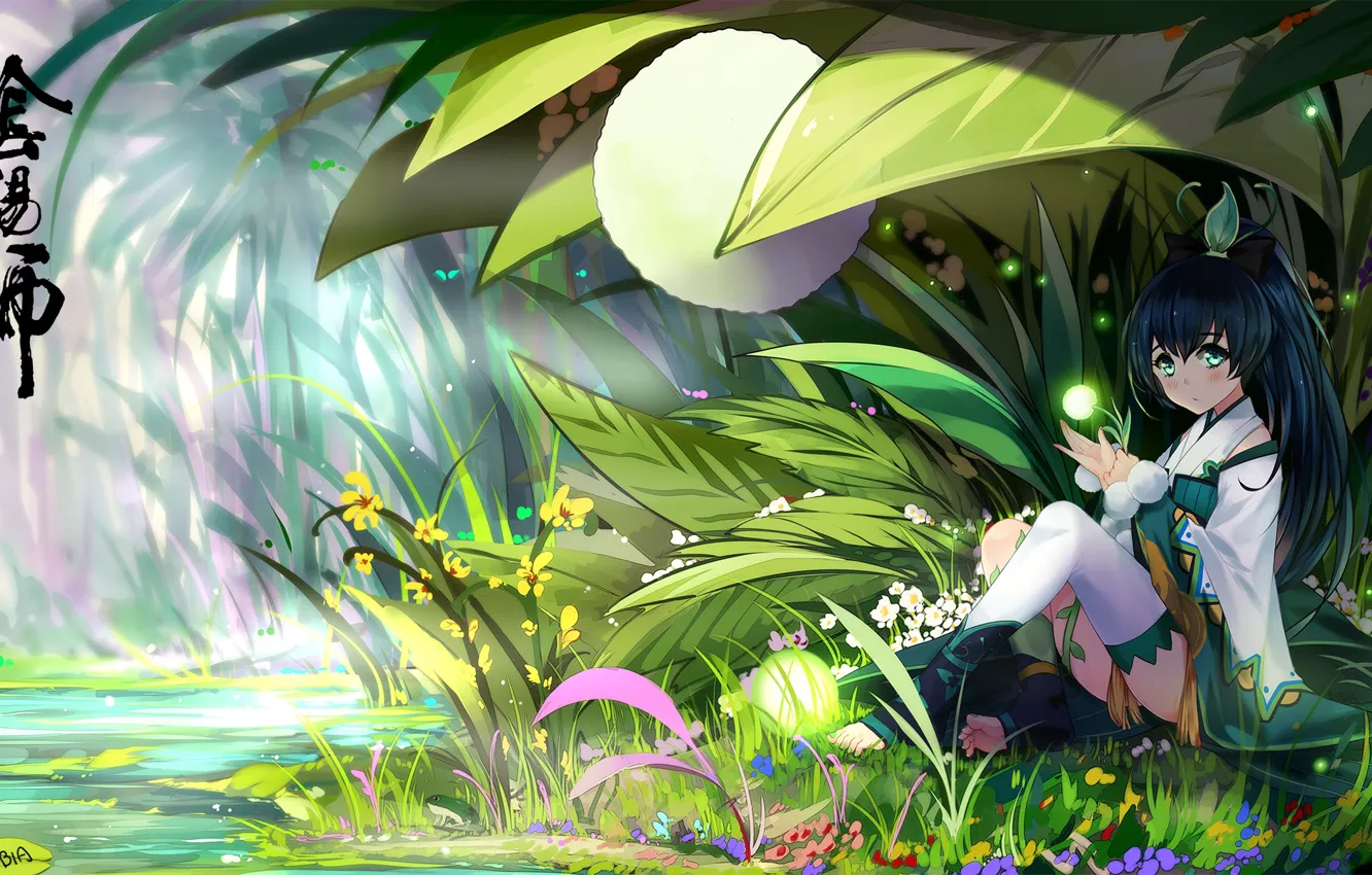 Photo wallpaper grass, girl, flowers, fireflies, anime, art, bba biao