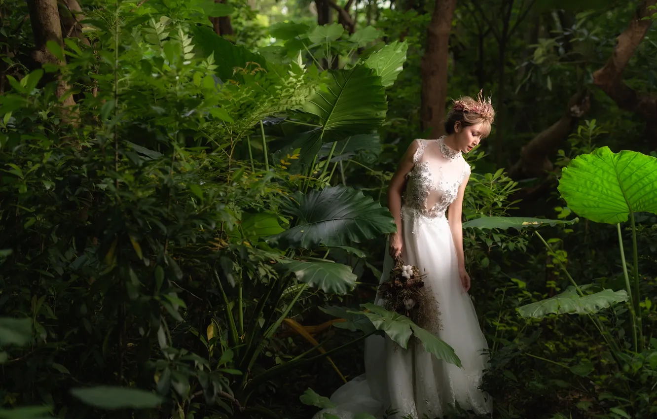 Photo wallpaper forest, face, dress, walk, Asian