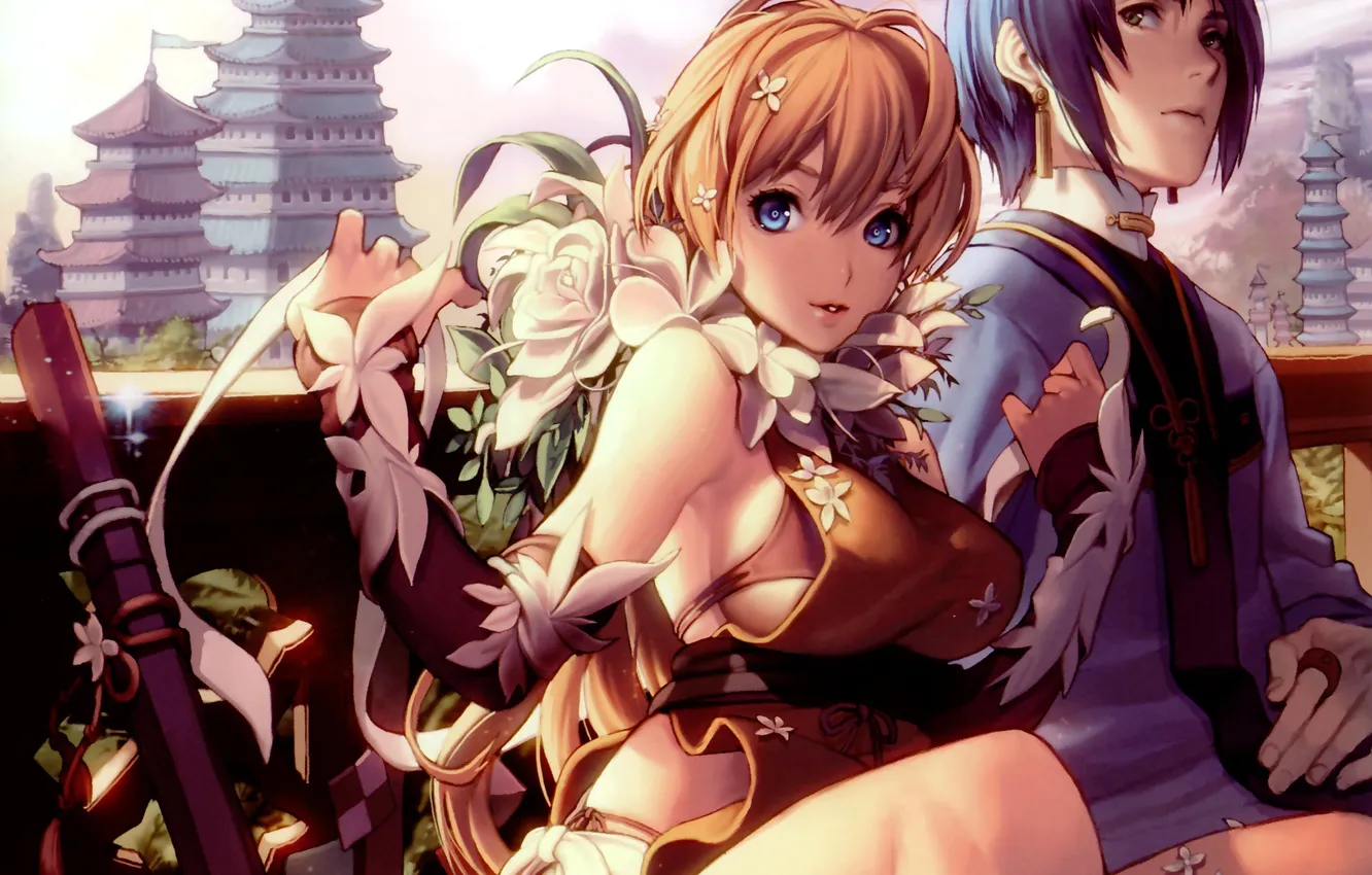 Photo wallpaper the sky, girl, clouds, flowers, the city, weapons, home, katana