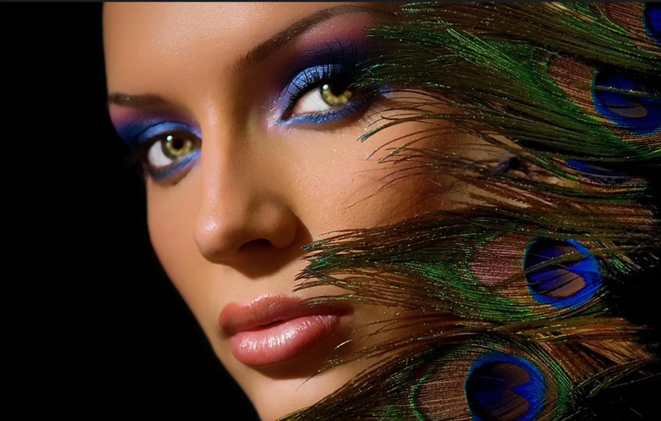 Photo wallpaper face, glamour, feathers, makeup, peacock