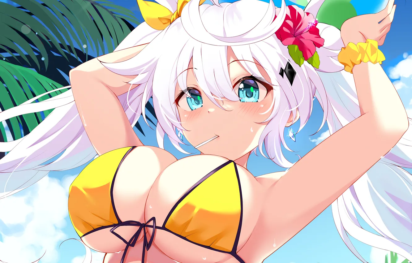 Photo wallpaper girl, sexy, wet, cleavage, beach, flower, green eyes, long hair