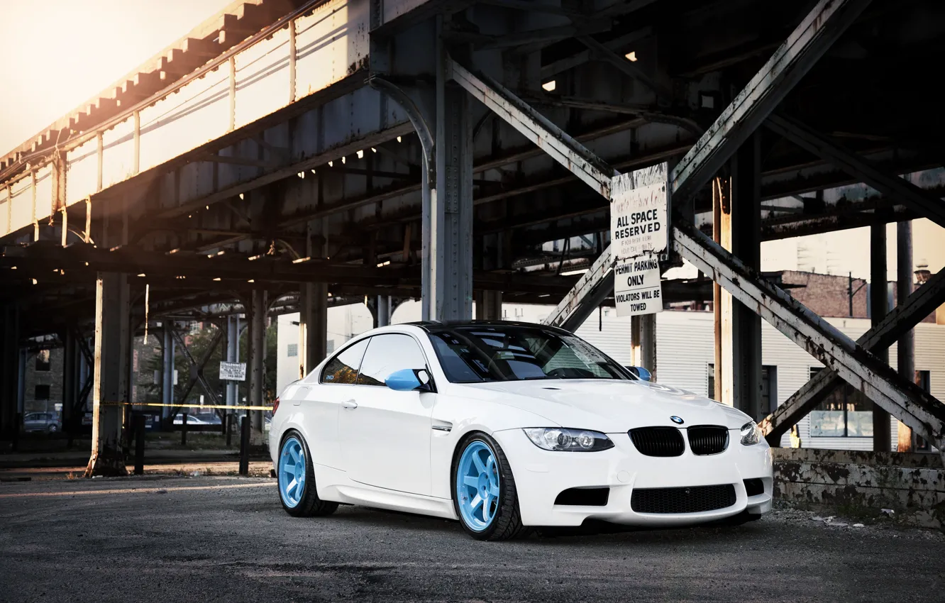 Photo wallpaper white, bridge, the city, BMW, BMW, white, E92, IND