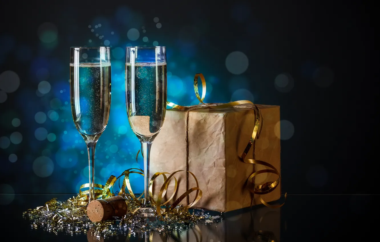 Photo wallpaper holiday, box, gift, glass, new year, sequins, tinsel, champagne