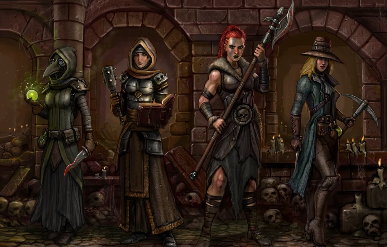 Photo wallpaper girl, fiction, mask, dagger, art, axe, Kirk, Darkest Dungeon