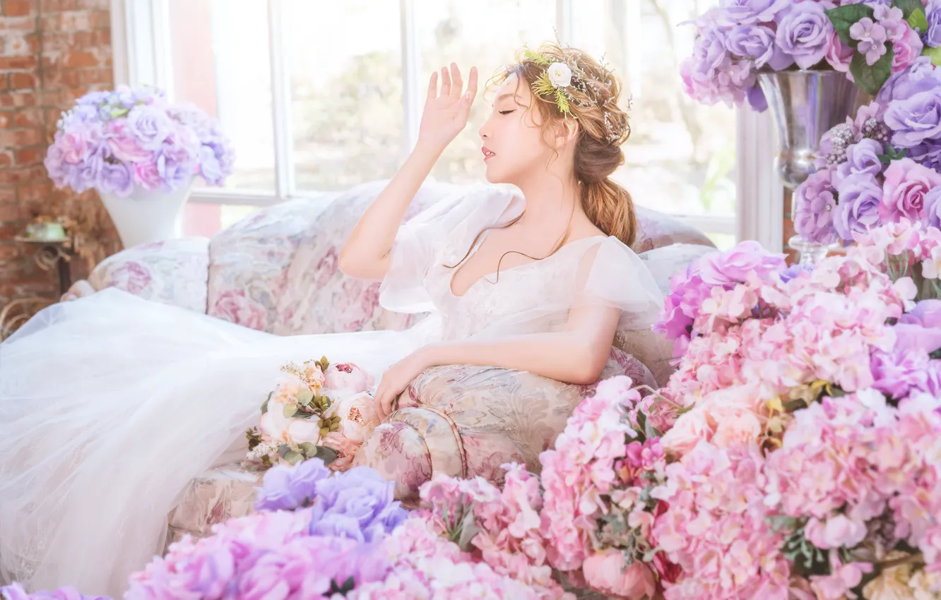 Photo wallpaper girl, flowers, pose, room, interior, dress, outfit, profile