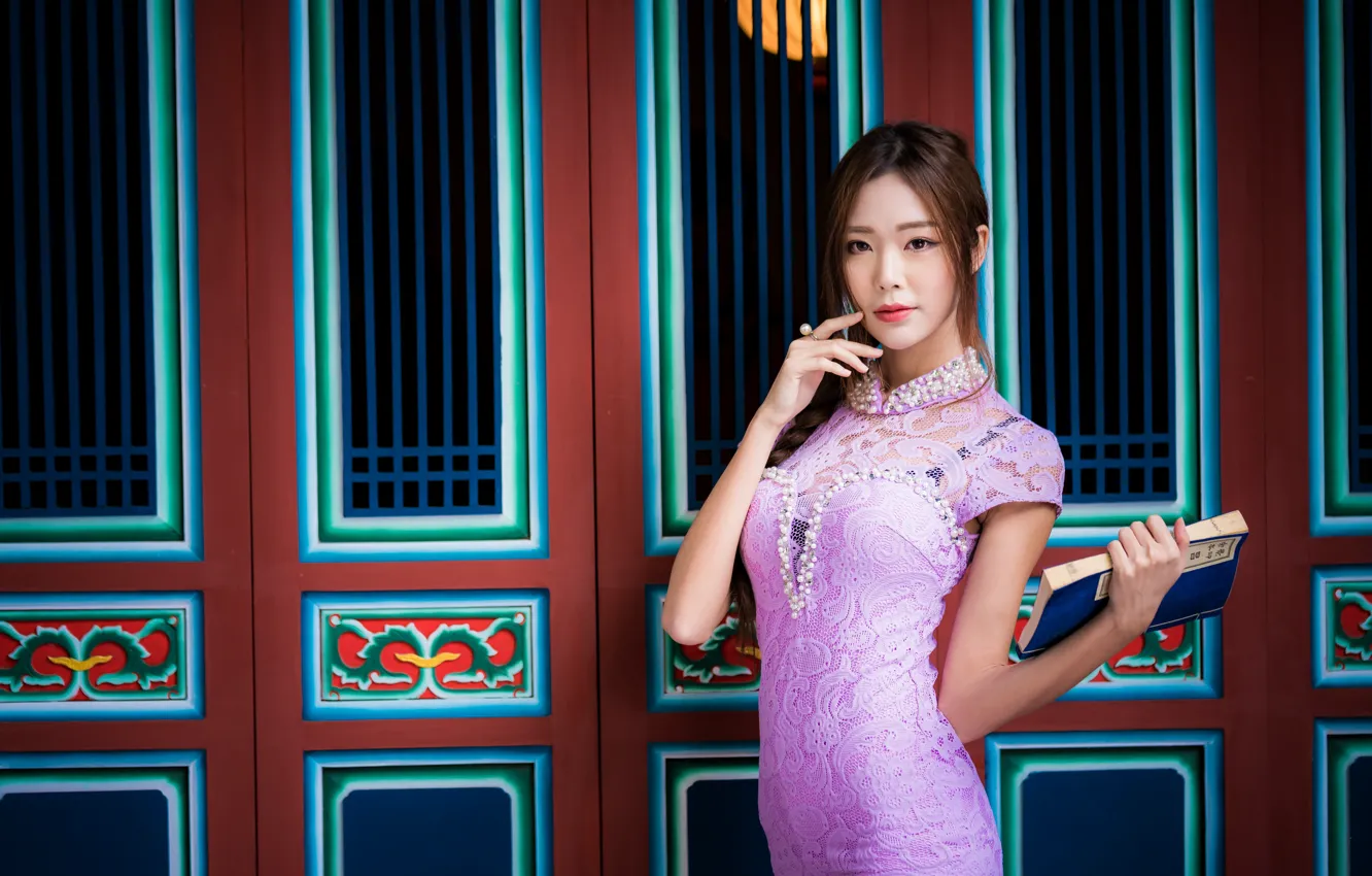 Photo wallpaper girl, pose, dress, book, Asian
