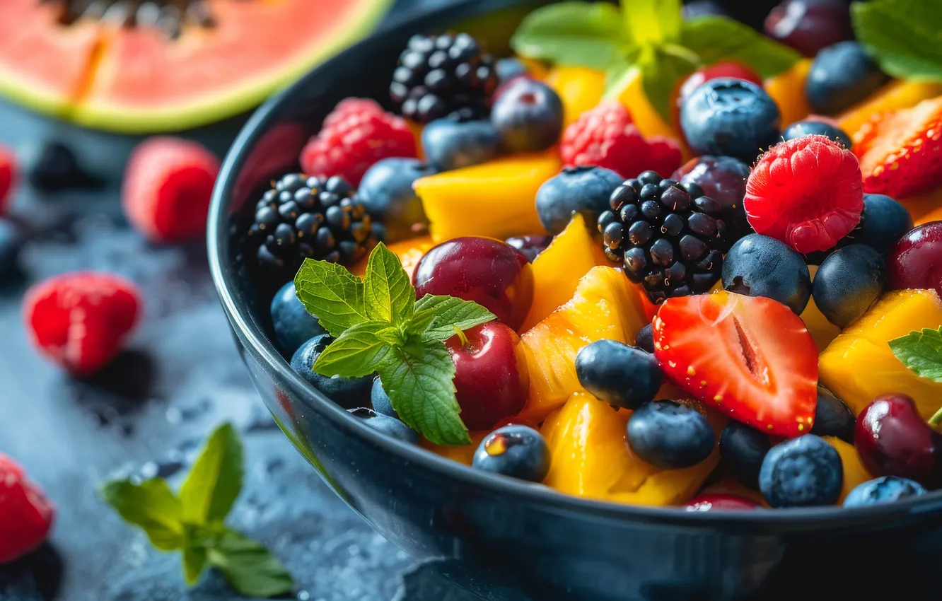 Photo wallpaper cherry, berries, raspberry, table, blueberries, strawberry, pieces, bowl