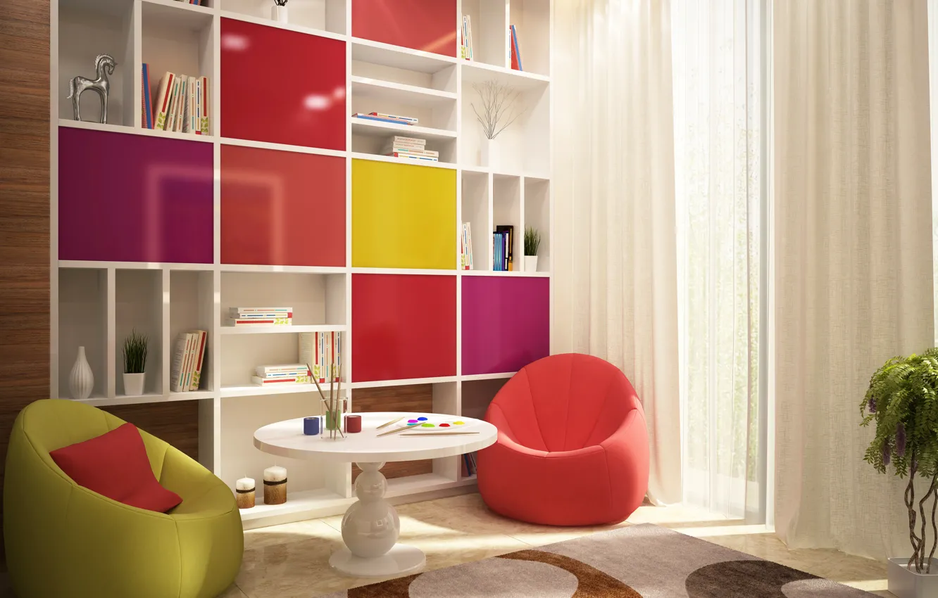 Photo wallpaper carpet, interior, chairs, table, modern, children's room