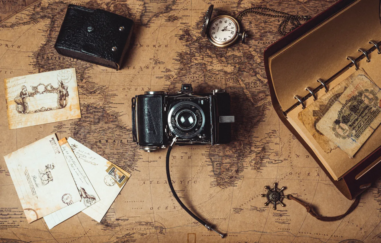 Photo wallpaper watch, map, money, the camera, Notepad, letters