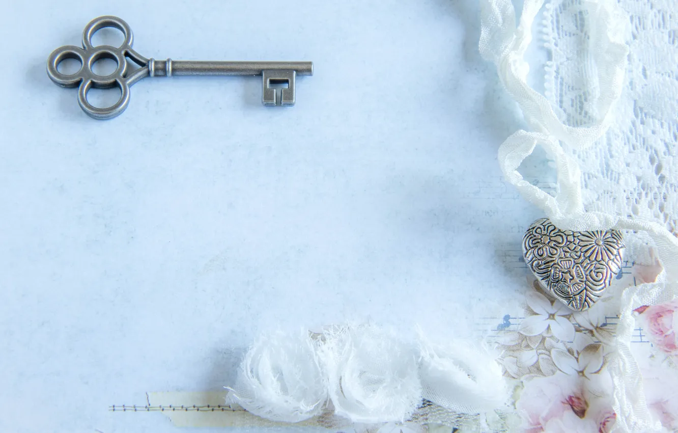 Photo wallpaper heart, key, lace, vintage