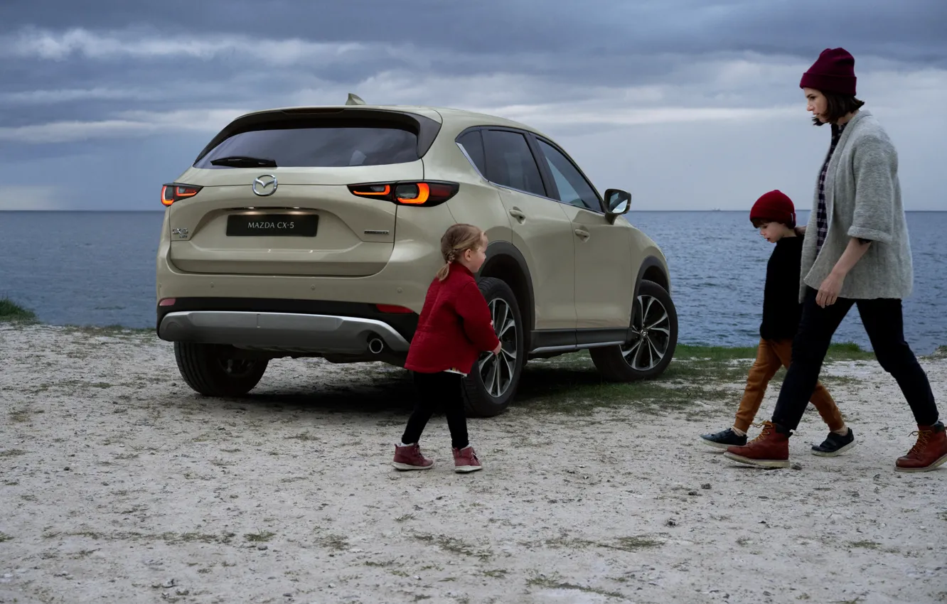 Photo wallpaper Sea, Girl, Children, Mazda, Coast, SUV, SUV, Crossover