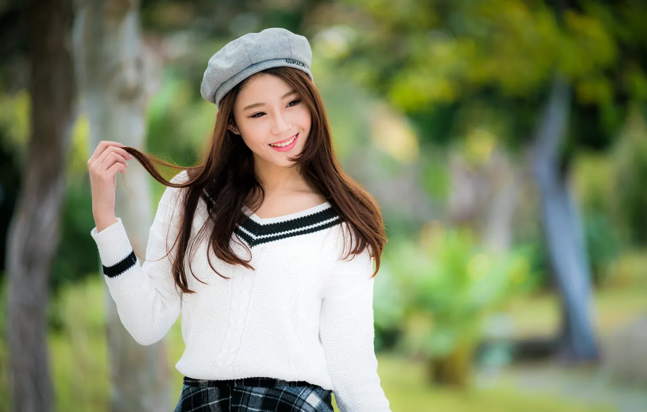 Photo wallpaper trees, pose, smile, background, model, skirt, portrait, makeup