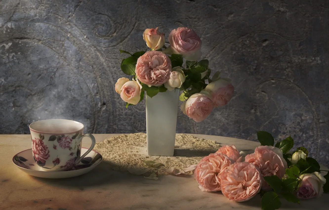 Photo wallpaper flowers, table, tea, roses, bouquet, Cup, still life