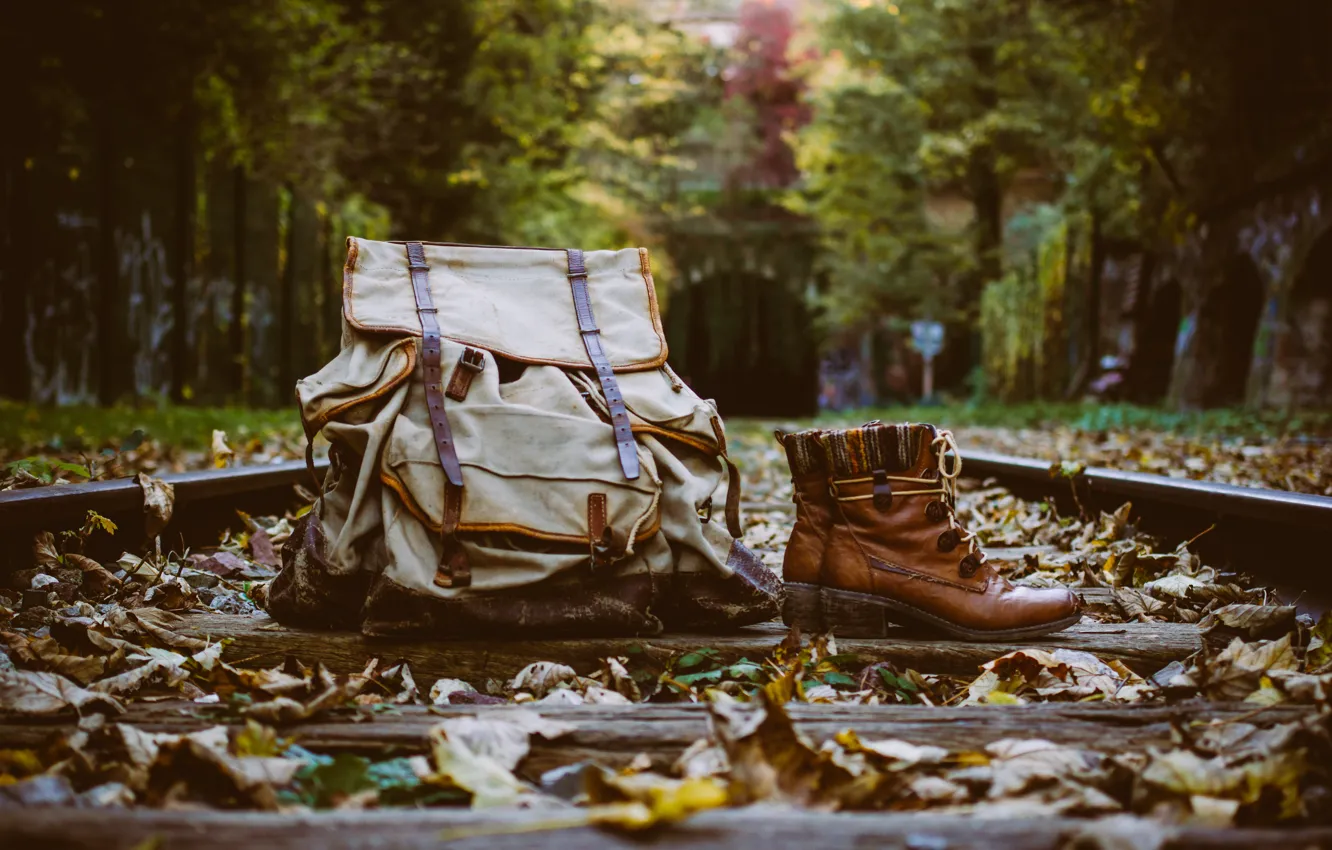 Photo wallpaper leaves, rails, boots, backpack, sleepers