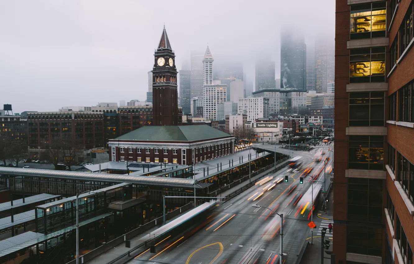 Photo wallpaper USA, United States, morning, fog, blur, buildings, seattle, America