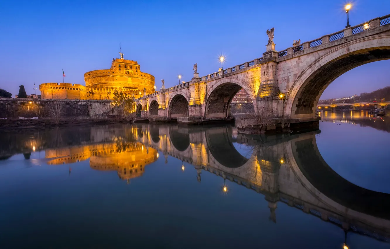 Photo wallpaper bridge, lights, river, the evening, Rome, Italy, The Tiber, Ponte Sant'angelo