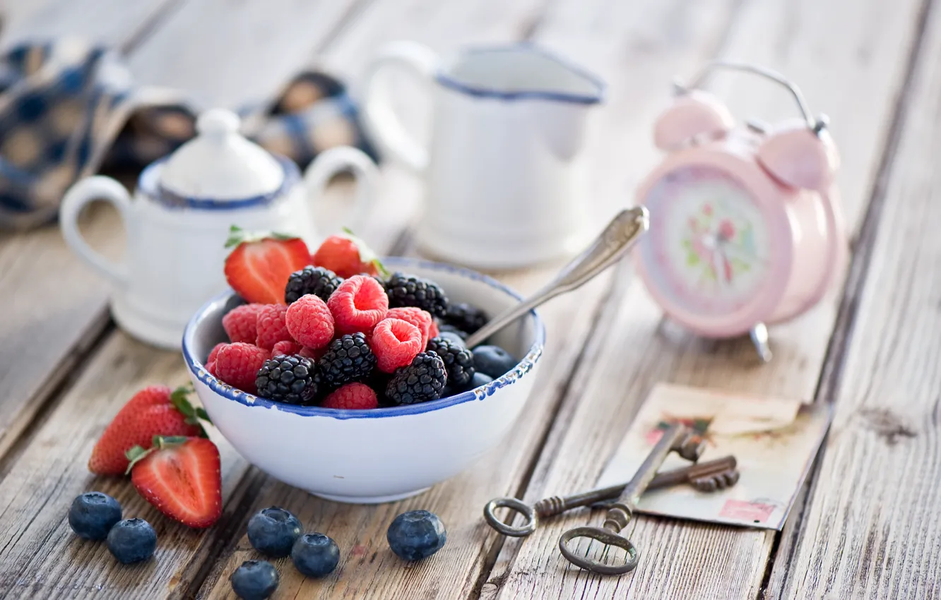 Photo wallpaper berries, raspberry, watch, alarm clock, strawberry, still life, keys, BlackBerry