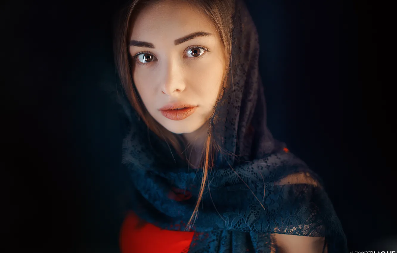 Photo wallpaper look, face, portrait, black background, shawl, Alexander Drobkov-Light, Sue Tikhonova