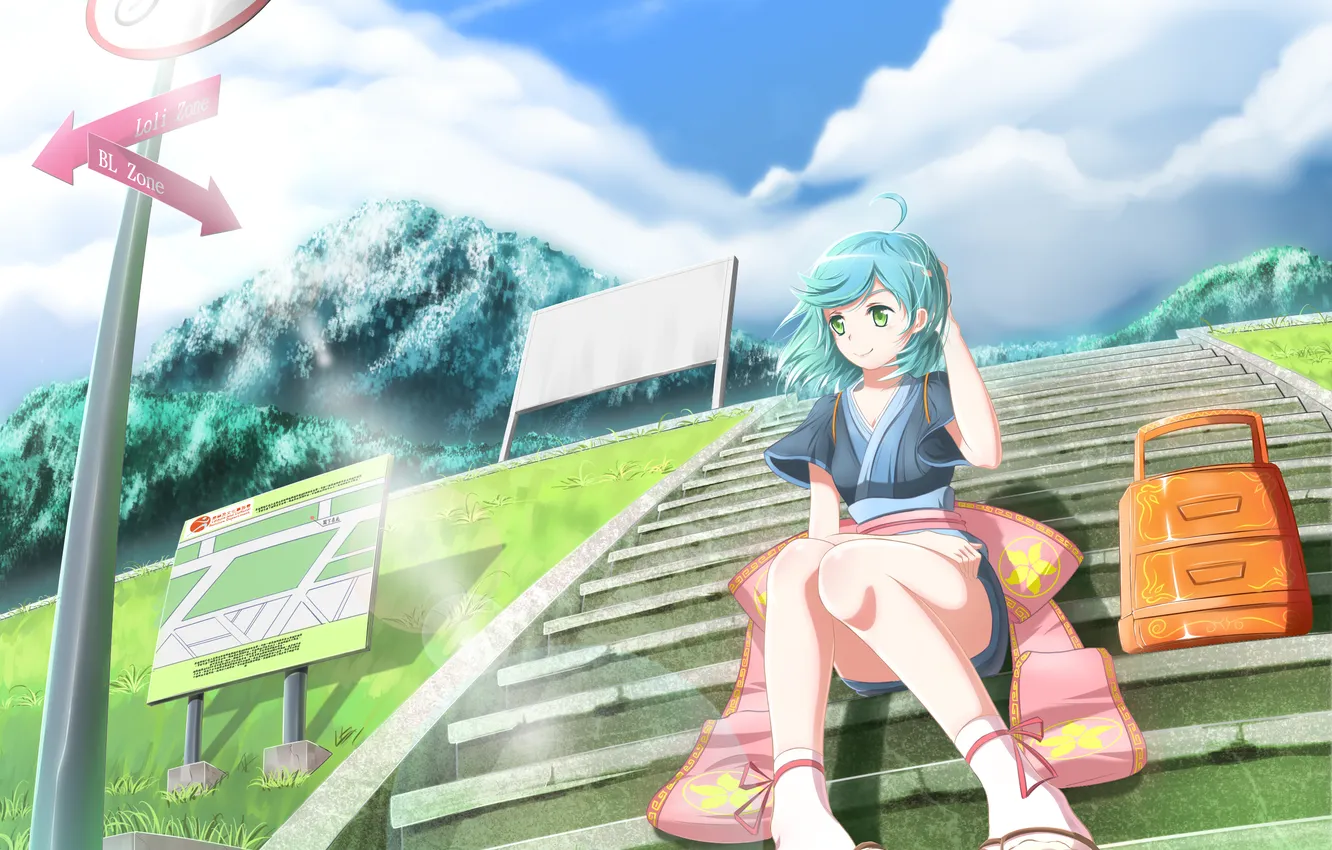 Photo wallpaper look, girl, smile, the wind, sign, ladder, bag, art