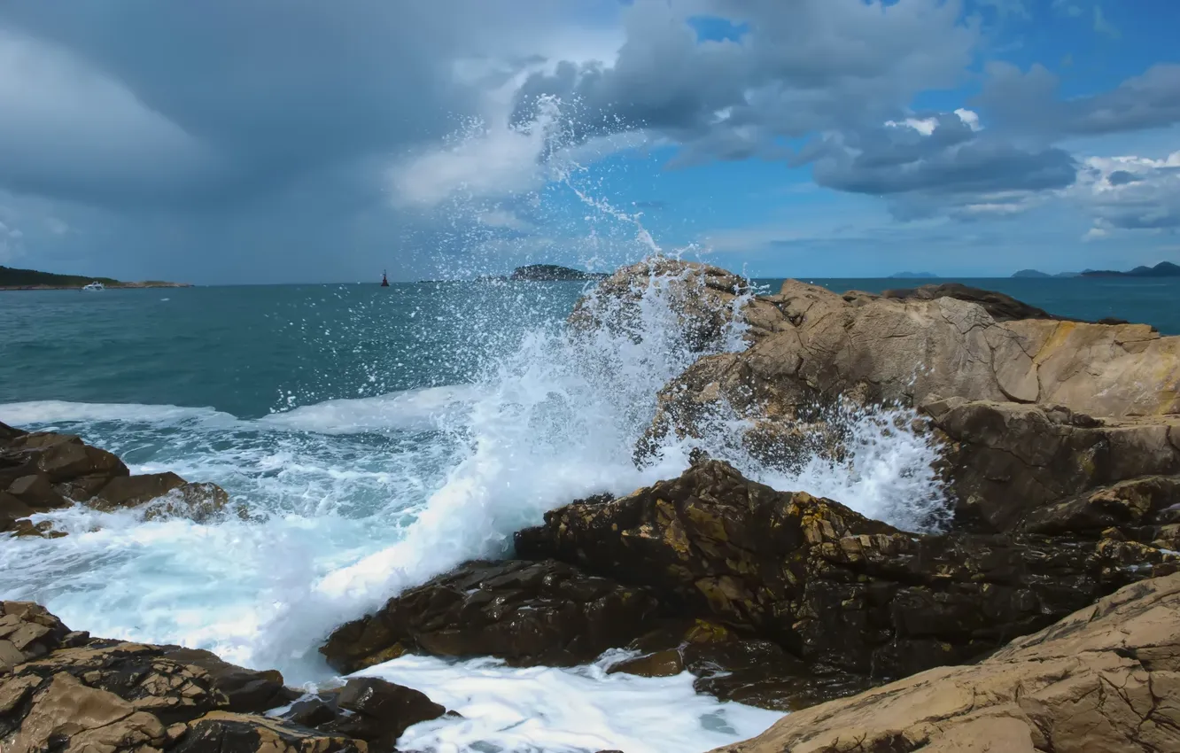 Photo wallpaper wave, squirt, clouds, rocks, surf