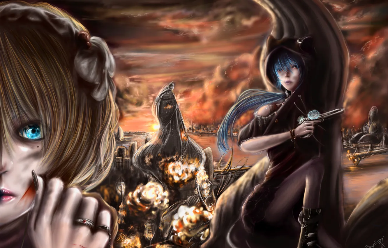 Photo wallpaper weapons, flame, building, vocaloid, hatsune miku, kagamine len