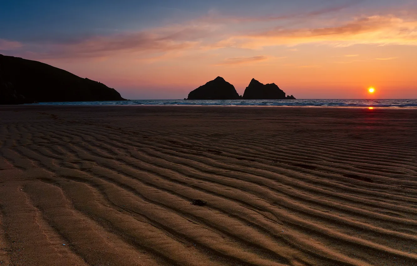 Photo wallpaper sea, beach, sunset, rocks, silhouette