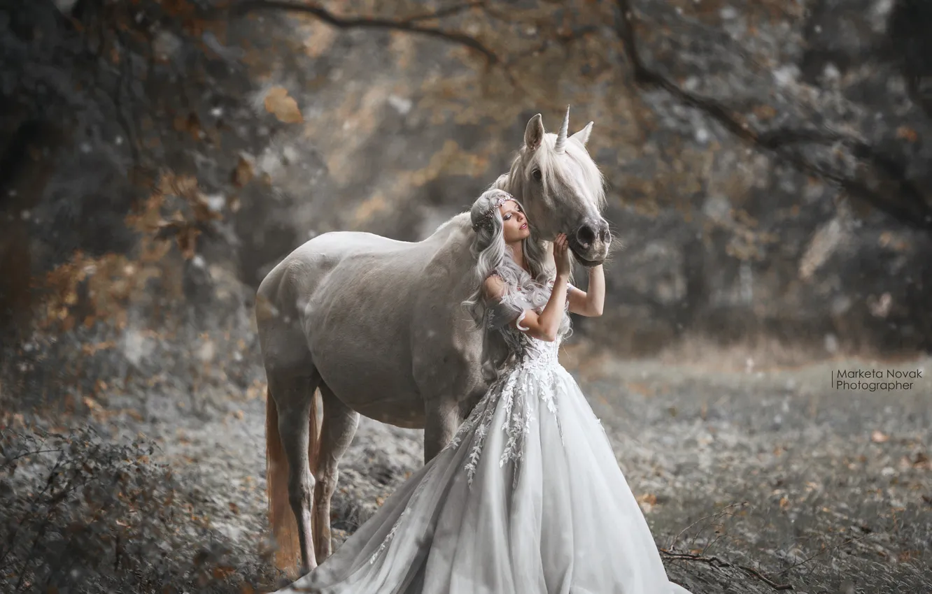 Photo wallpaper girl, pose, horse, dress, Marketa Novak, Bаra Markovа