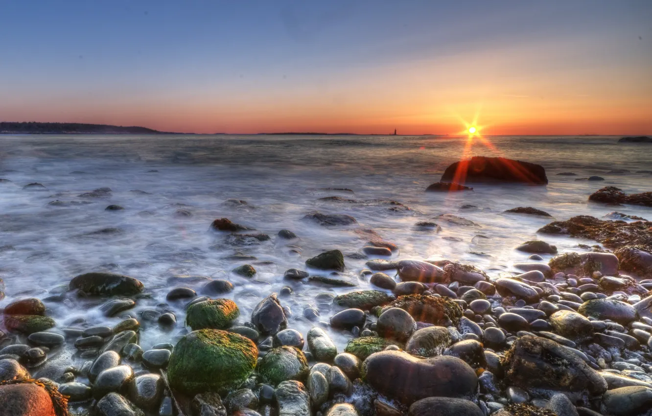 Photo wallpaper sea, the sun, stones, Shore