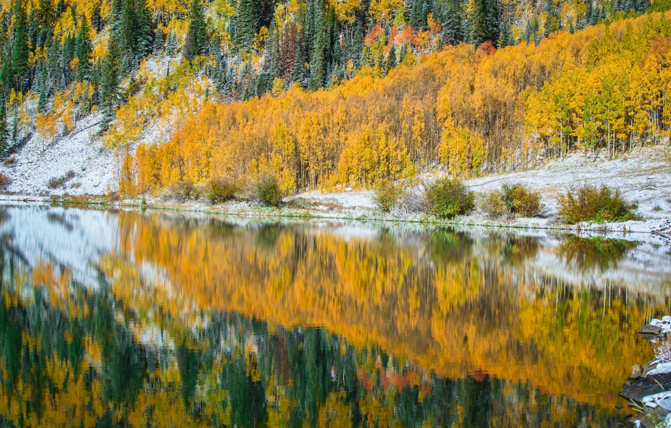 Photo wallpaper autumn, trees, lake, reflection, Colorado, USA, Crystal Lake