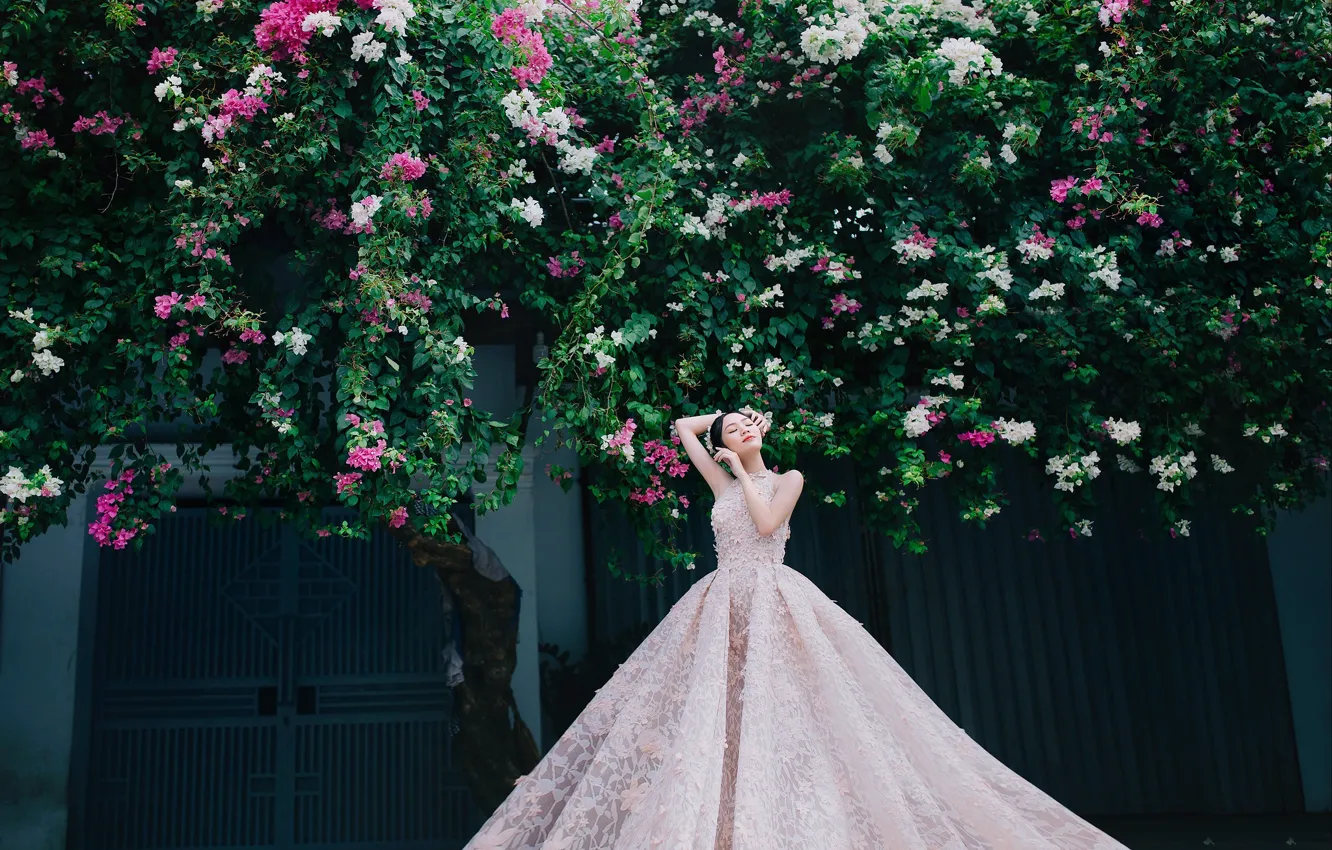 Photo wallpaper girl, flowers, garden, dress, Asian, closed eyes