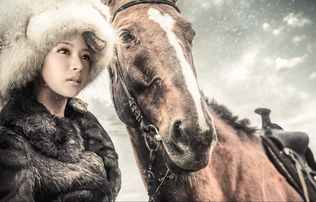 Photo wallpaper winter, girl, snow, horse, hat, horse, coat, fur