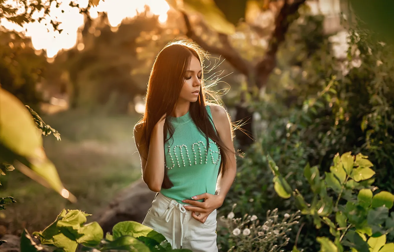 Photo wallpaper leaves, girl, pose, A Diakov George